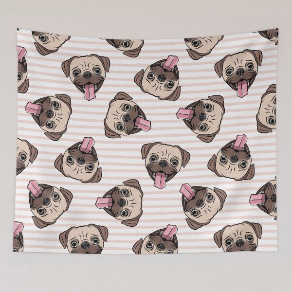 Item preview, Happy Pugs on pink stripes designed and sold by littlearrow.
