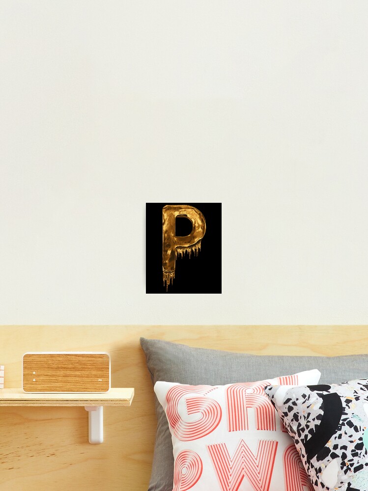 gold drip alphabet letter p on black photographic print by mpowerteez redbubble