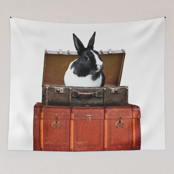 Item preview, black white bunny - rabbit in old suitcases designed and sold by Move-Art.