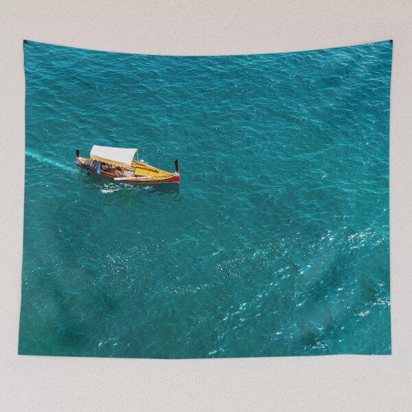 Item preview, Top view on fishing boat in turquoise Mediterranean sea designed and sold by lena-maximova.