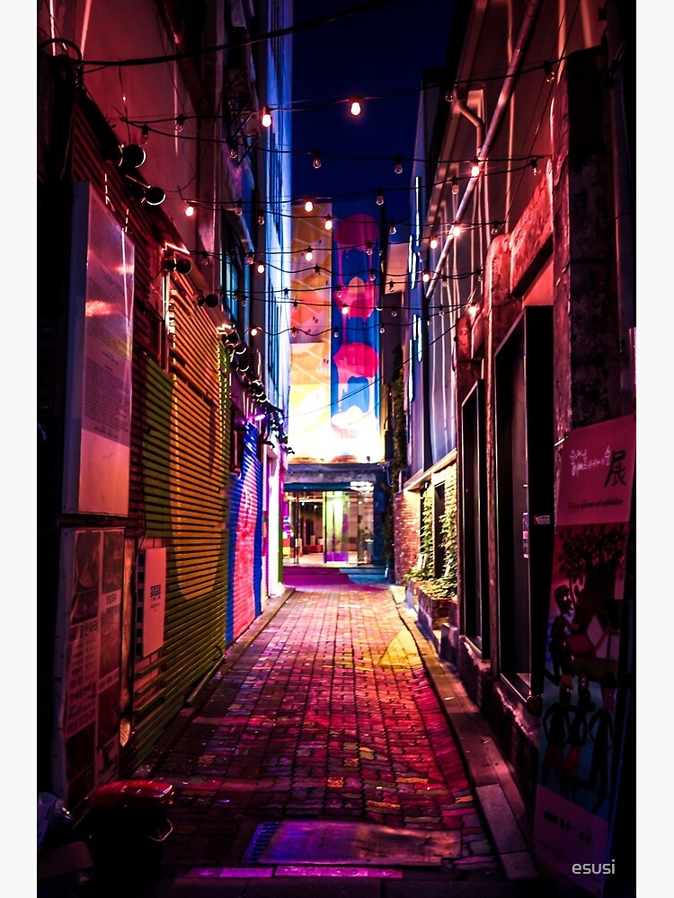 Nighttime Neon City Alley Greeting Card By Esusi Redbubble