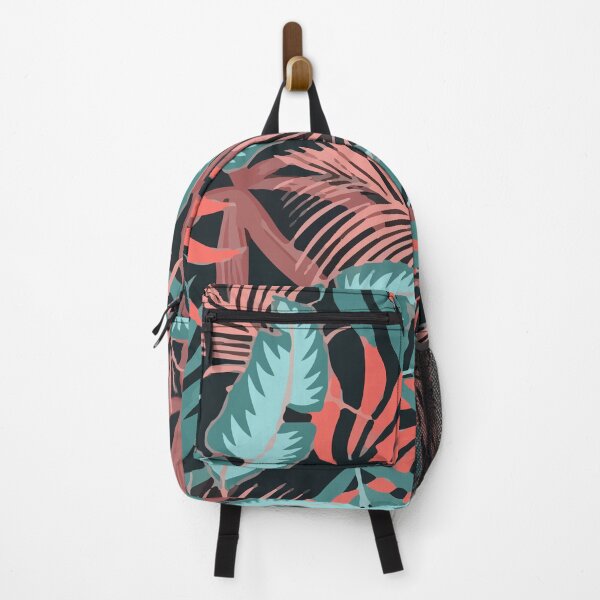 Fashionable Tropical Pattern With Bright Pink Blue Plants Leaves Backpack