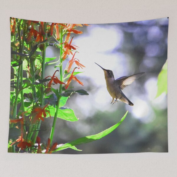 Item preview, Bouncing Ruby Throated Hummingbird in Lobelia flowers 5397 designed and sold by LJSparvero.