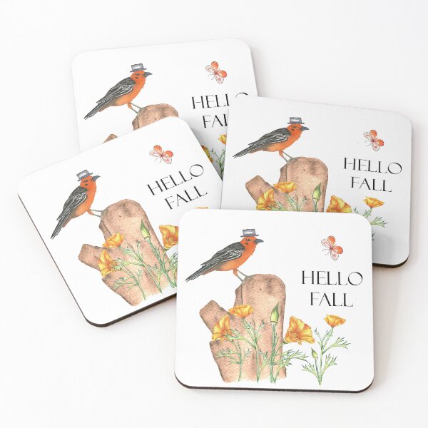 Item preview, Orange bird with hat and butterfly saying hello fall designed and sold by latiendadearyam.