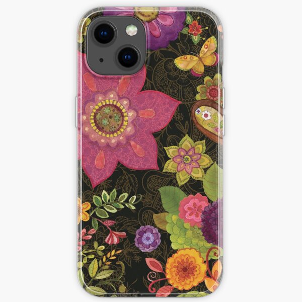 Bohemian flowers on black by Sue Zipkin iPhone Soft Case