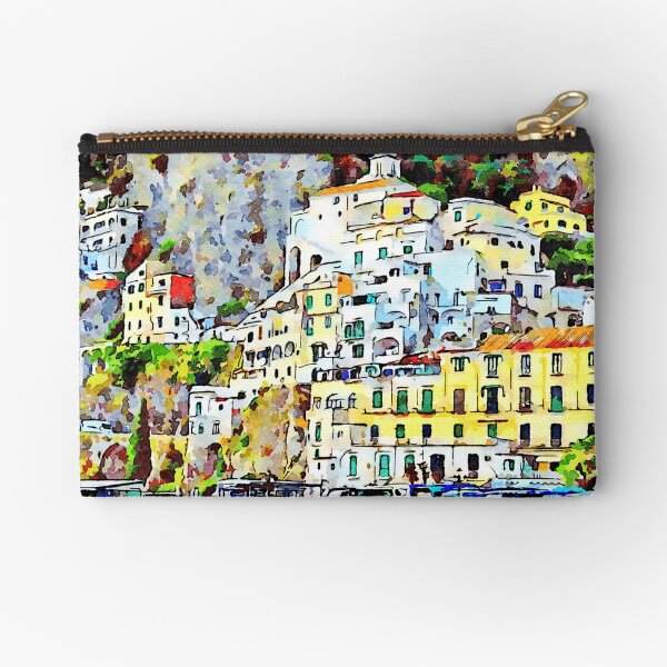View of the village perched of Amalfi with yellow building and house Zipper Pouch