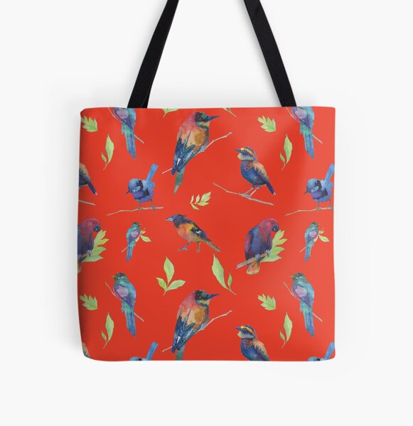 Birds And Leaves On A Cherry Red Background All Over Print Tote Bag