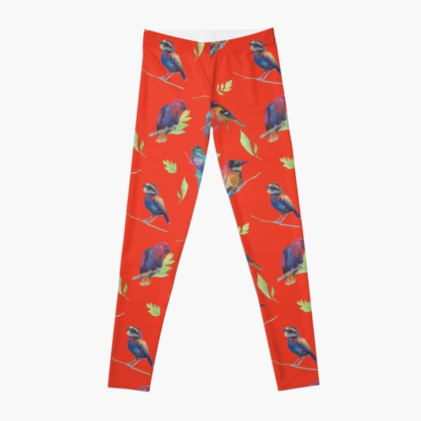 Birds And Leaves On A Cherry Red Background Leggings