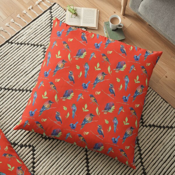 Birds And Leaves On A Cherry Red Background Floor Pillow