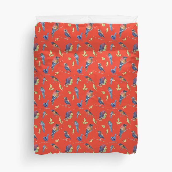 Birds And Leaves On A Cherry Red Background Duvet Cover