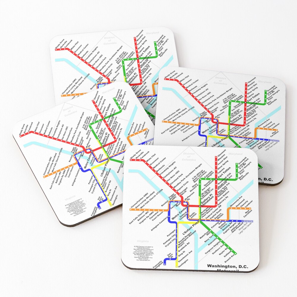 Washington DC Metro Subway Map Coasters (Set of 4)