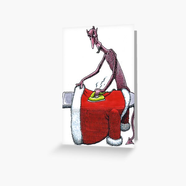 Demon ironing Santa's coat Greeting Card