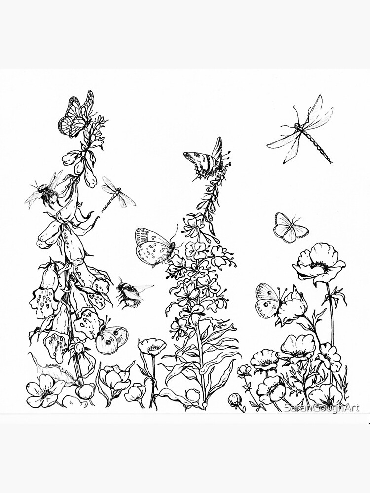 Thumbnail 2 of 2, Greeting Card, Pen Drawing Bees Butterflies Dragonflies and Wildflowers Nature Black and White designed and sold by SarahGoughArt.