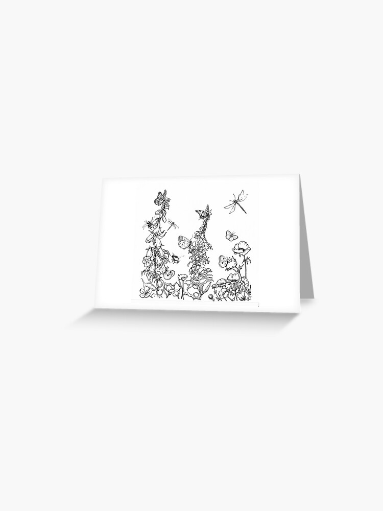 Thumbnail 1 of 2, Greeting Card, Pen Drawing Bees Butterflies Dragonflies and Wildflowers Nature Black and White designed and sold by SarahGoughArt.
