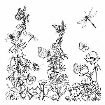 Artwork thumbnail, Pen Drawing Bees Butterflies Dragonflies and Wildflowers Nature Black and White by SarahGoughArt