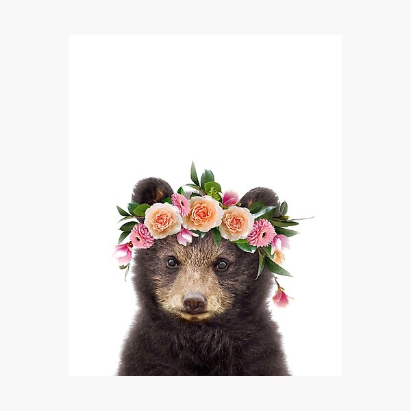 Baby Bear With Flower Crown, Baby Animals Art Print by Synplus Photographic Print