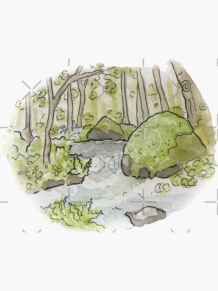 Whimsical Stream in the Woods Illustration in Watercolor by WitchofWhimsy