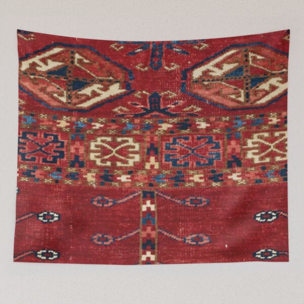 Item preview, Akhal Oasis Red Band 19th Century Authentic Colorful Blue Star Medallion Rug designed and sold by vintagepatterns.