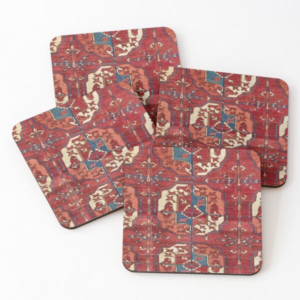 Item preview, Akhal Oasis Red Stars II 19th Century Authentic Colorful Picture of a Blue Star and Medallion Rug designed and sold by vintagepatterns.