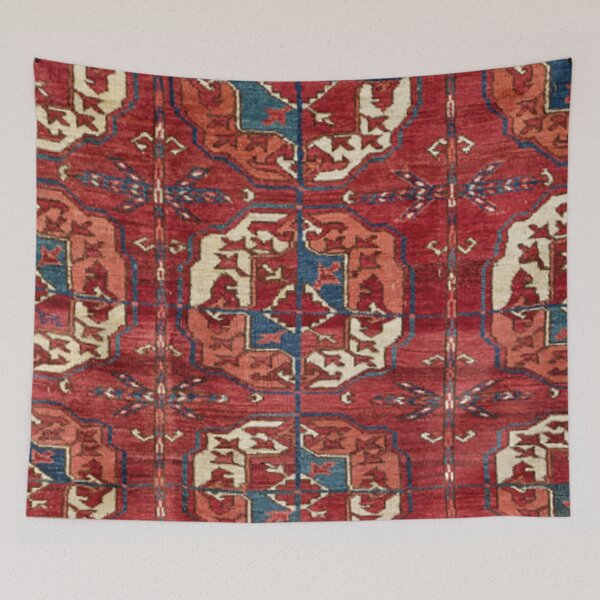 Item preview, Akhal Oasis Red Stars II 19th Century Authentic Colorful Picture of a Blue Star and Medallion Rug designed and sold by vintagepatterns.