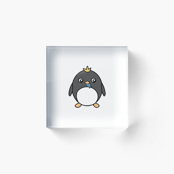 Cute Penguin with Yellow Hair Eating a Fish Acrylic Block