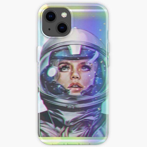 1960s Vintage Neon Female Astronaut and Rainbow Clouds iPhone Soft Case