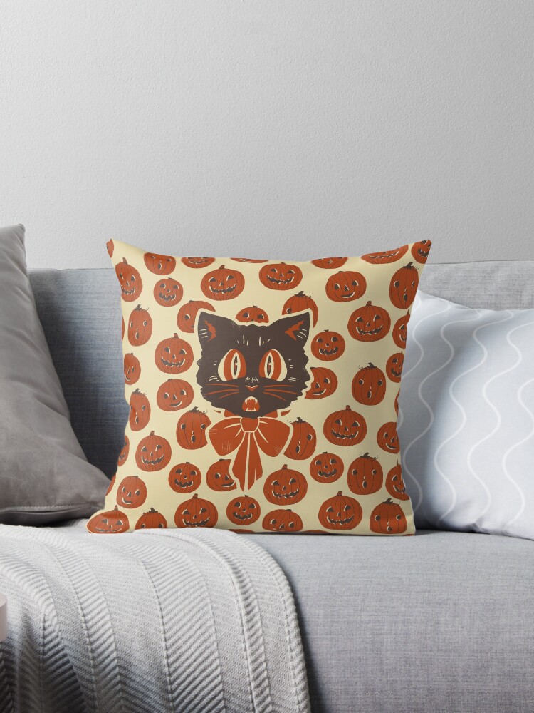 Thumbnail 1 of 3, Throw Pillow, Vintage Inspired Halloween Scaredy Cat designed and sold by Kaija.
