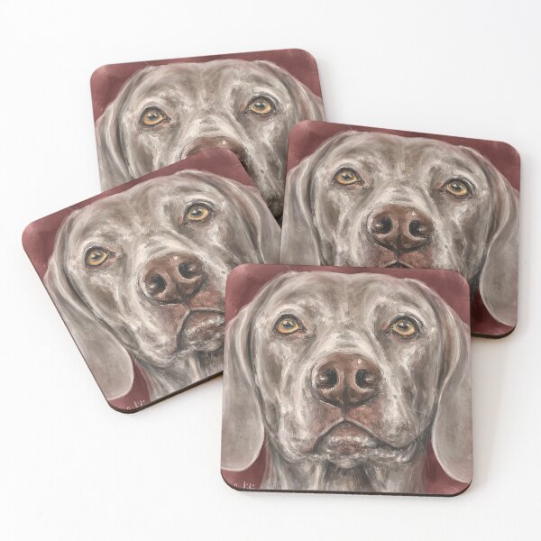 Item preview, Painting of a Grey Brown Weimaraner Dog Looking At You on Red Background designed and sold by ibadishi.