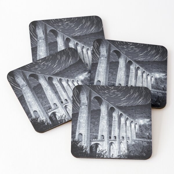 Item preview, French old stone viaduct architecture under moonlight with star trails monochrome designed and sold by Grégory DUBUS.