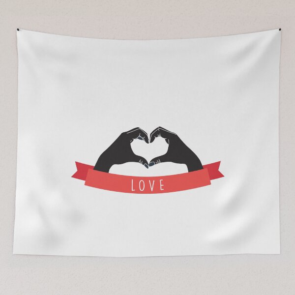 Item preview, Hands in black shape heart, underneath red LOVE banner designed and sold by Two Left Hands Design.