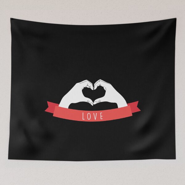 Item preview, Hands in white shape heart, underneath red LOVE banner designed and sold by Two Left Hands Design.