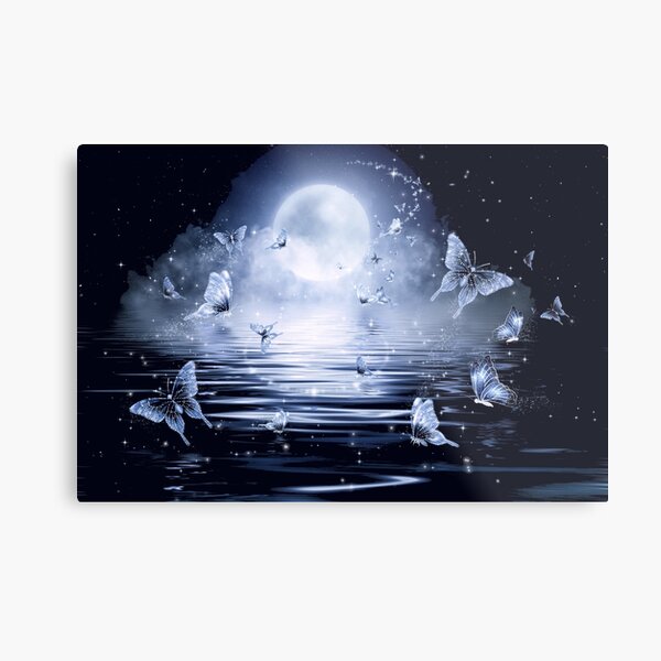 Magical Night, Lake with Butterflies Metal Print