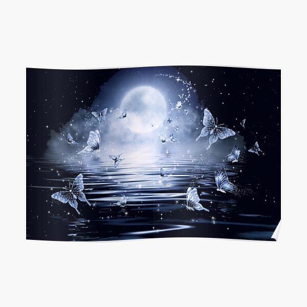 Magical Night, Lake with Butterflies Poster