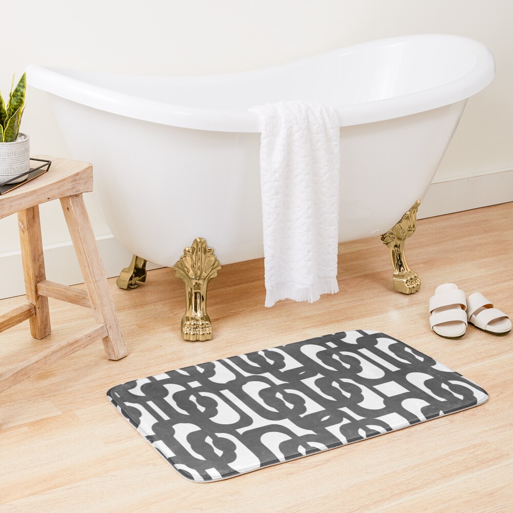 Dark Grey and White Mid-century Modern Abstract Loop Pattern Bath Mat