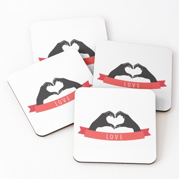 Item preview, Hands in black shape heart, underneath red LOVE banner designed and sold by Two Left Hands Design.