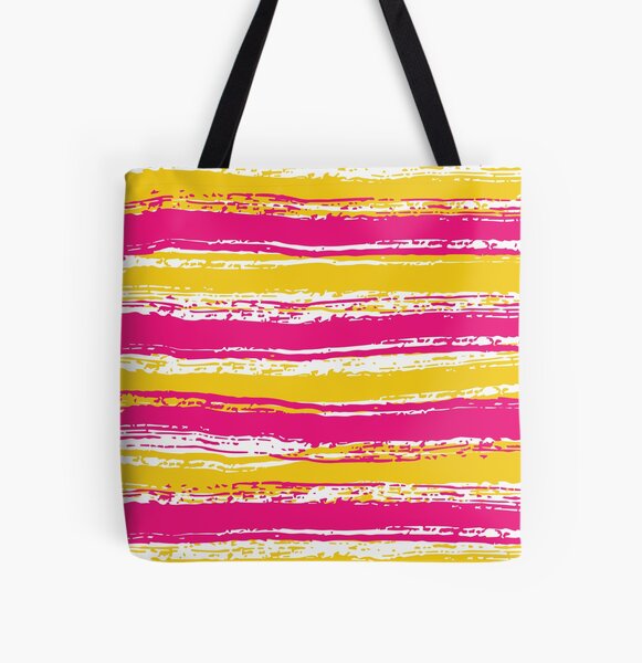 Horizontal Magenta, White & Yellow Stripes All Over Print Tote Bag