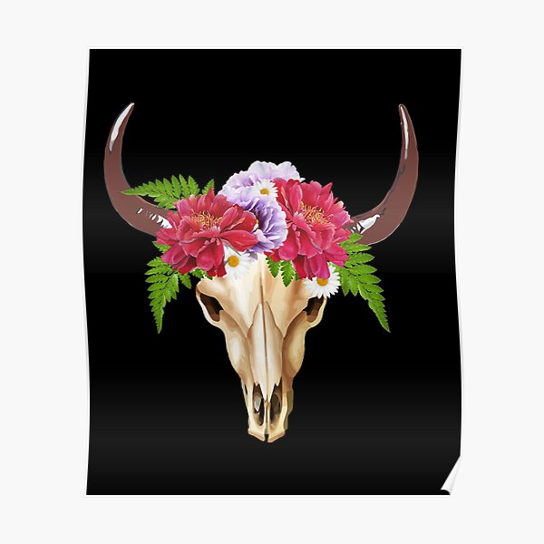 Download Cow Skull And Crown Red Flowers Peony Watercolor Cute Cool Mask Poster By Collagedream Redbubble