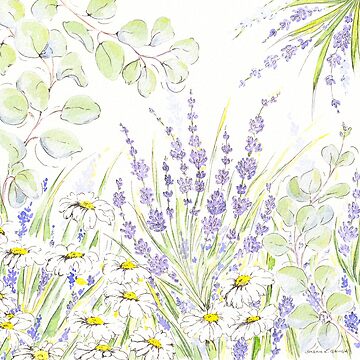Artwork thumbnail, Eucalyptus, Lavender & Daisies Watercolour Painting Sketch, Meaning Protection, Love and Devotion, and Fun! by SarahGoughArt