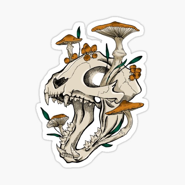 Aperçu de l'œuvre Crâne de chat avec des champignons colorés créée et vendue par Lisbeth Six.