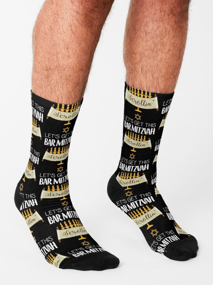 Funny Jewish Menorah Scroll Bar Mitzvah design Socks for Sale by