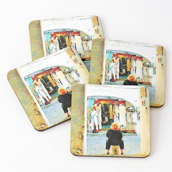 Item preview, Woman sitting in front of the clothing store designed and sold by Giuseppe Cocco.