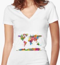 Map of the World Map Watercolor Women's Fitted V-Neck T-Shirt