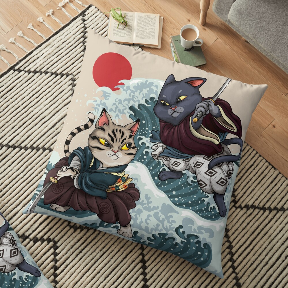 Samurai Cat Brawl Floor Pillow