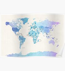 Watercolour Political Map of the World Poster