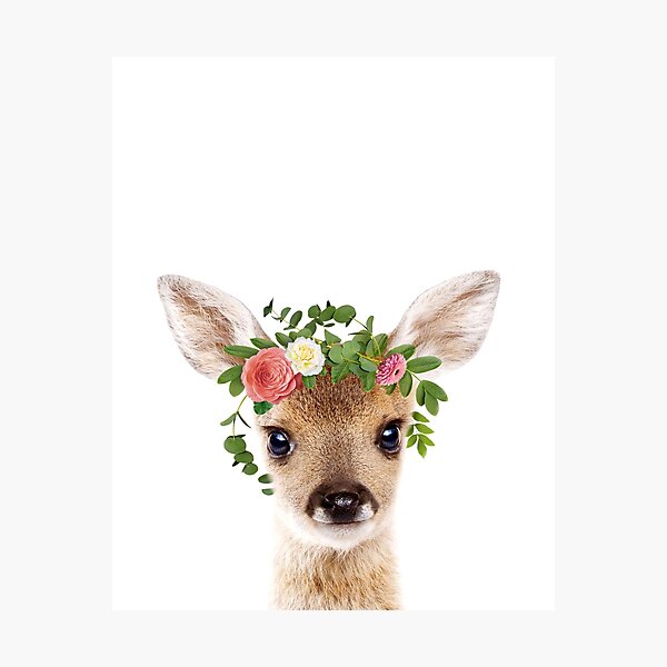 Baby Deer With Flower Crown, Baby Animals Art Print by Synplus Photographic Print
