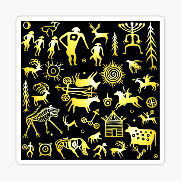 Aperçu de l'œuvre Modèle sans couture. Image d'animation d'anciennes peintures rupestres. Ensemble de pétroglyphes, symboles mystiques, animaux, personnes et dieux. créée et vendue par YanaZvereva.