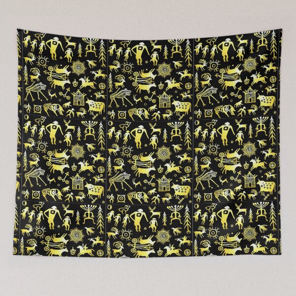 Item preview, Seamless pattern. Animation image of ancient rock paintings.  Set of petroglyphs, mystical symbols, animals, people and gods. designed and sold by YanaZvereva.