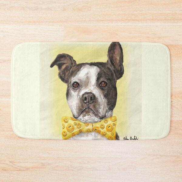Item preview, A Painting of a Boston Terrier with a Bow Tie with Smiley Pattern, Yellow Background designed and sold by ibadishi.