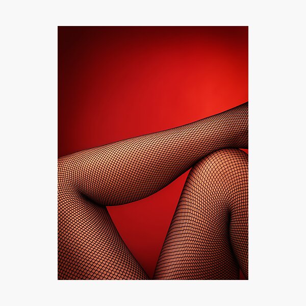 Sexy woman legs in fishnet stockings on red art photo print