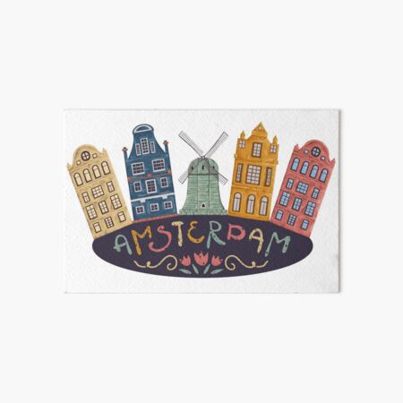 Amsterdam. Old historic buildings and traditional architecture of Netherlands. Windmill and houses with hand drawn lettering. Art Board Print